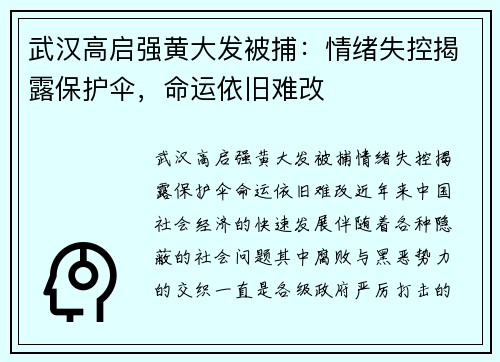 武汉高启强黄大发被捕：情绪失控揭露保护伞，命运依旧难改