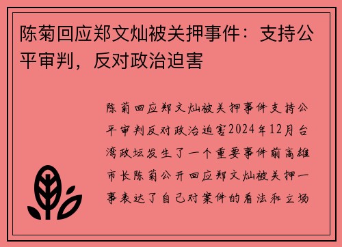 陈菊回应郑文灿被关押事件：支持公平审判，反对政治迫害