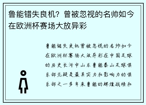 鲁能错失良机？曾被忽视的名帅如今在欧洲杯赛场大放异彩